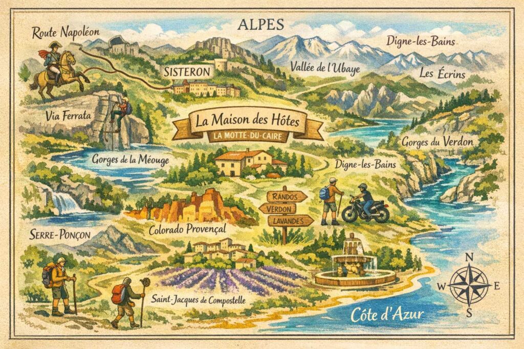 Route Napoléon, French Riviera, Provence, Lavender, Alps, Pilgrimage to Santiago de Compostela, Méouge Gorges, Verdon Gorges, Provençal Colorado, Luberon, Ubaye Valley, hiking, cycle touring, cycling, motorcycling, swimming pool, biker relay, green tourism, wellness, nature, gay friendly